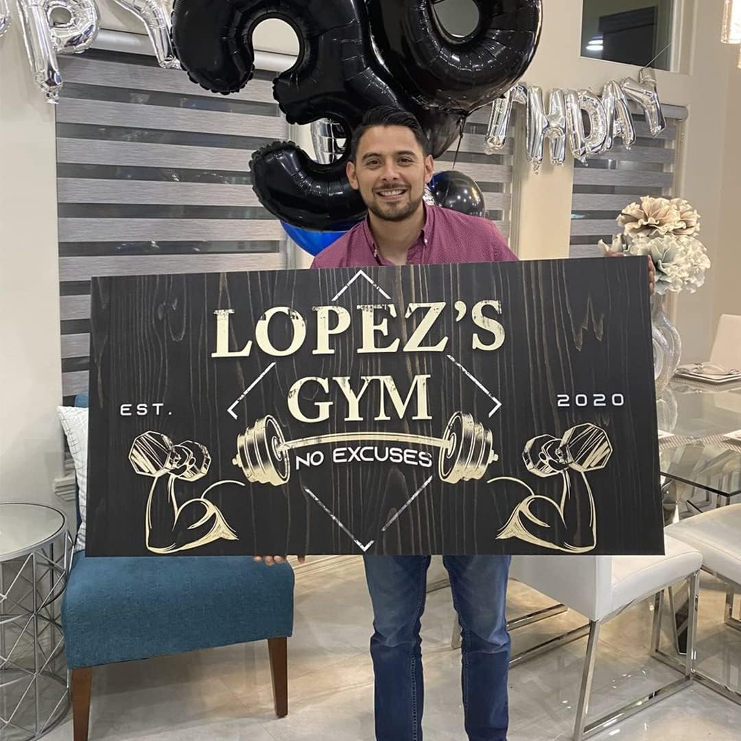 Tailored Canvases Personalized Gym Sign Wall Art Decor - Motivational Canvas for Home Gym, Workout Room, Garage, Fitness Center - Workout Inspirational Posters - Gym Name on Wooden Background, 20x10in