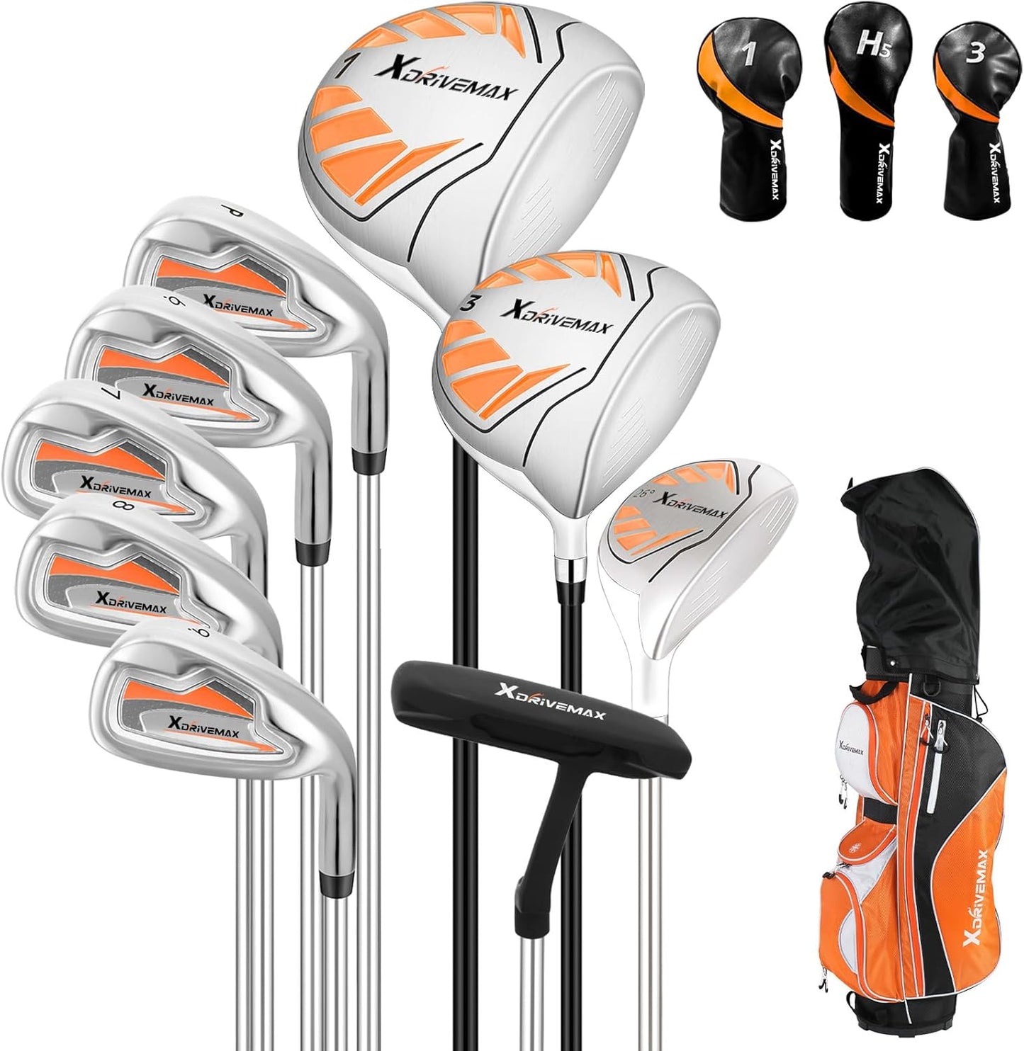 10 Pieces Complete Mens Womens Golf Clubs Set Right Hand for Men Women Includes Stand Bag with Rain Hood, 1#Driver 3#Wood #5 Hybrid,with 3 Head Covers, 6# 7# 8# 9# PW# Irons and Putter