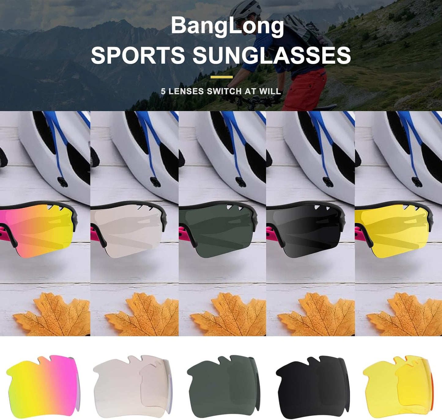 BangLong Polarized Sports Sunglasses Cycling Sun Glasses for Men Women with 5 Interchangeable Lenes for Running Baseball Golf