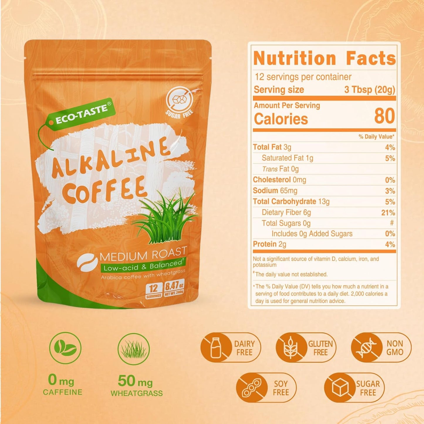 Alkaline Coffee Non-Dairy, Arabica Coffee with Mushroom Creamer, Wheatgrass, Oligosaccharide, 30% Beta-Glucan for Focus & Gut Health Support, 8.47oz
