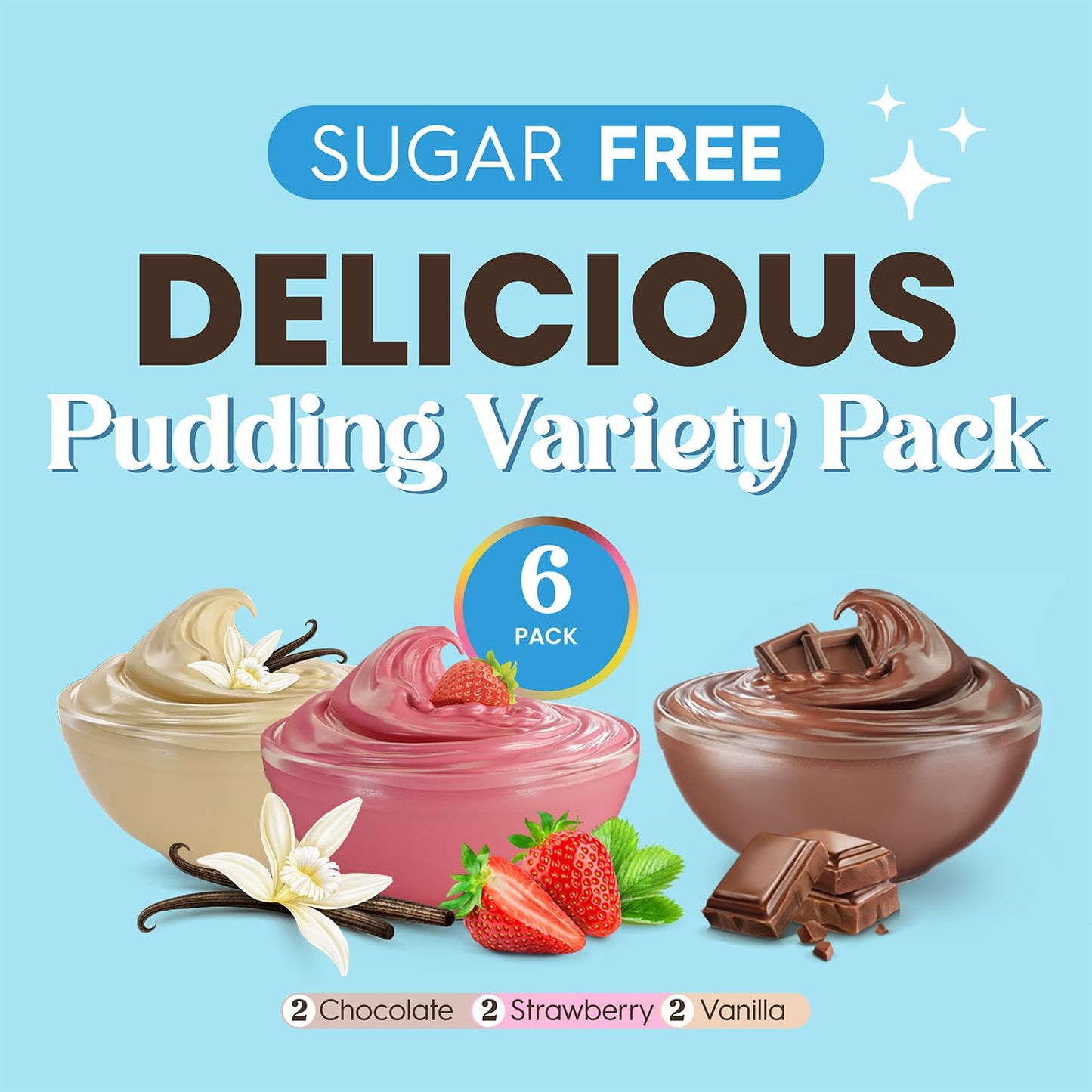 Simply Desserts Vanilla, Strawberry & Chocolate Instant Pudding, Sugar-Free, Variety 6-Pack – Healthy Dessert, Keto Snacks, Vegan & Diabetic-Friendly, Kosher, 1.7 Oz Ea