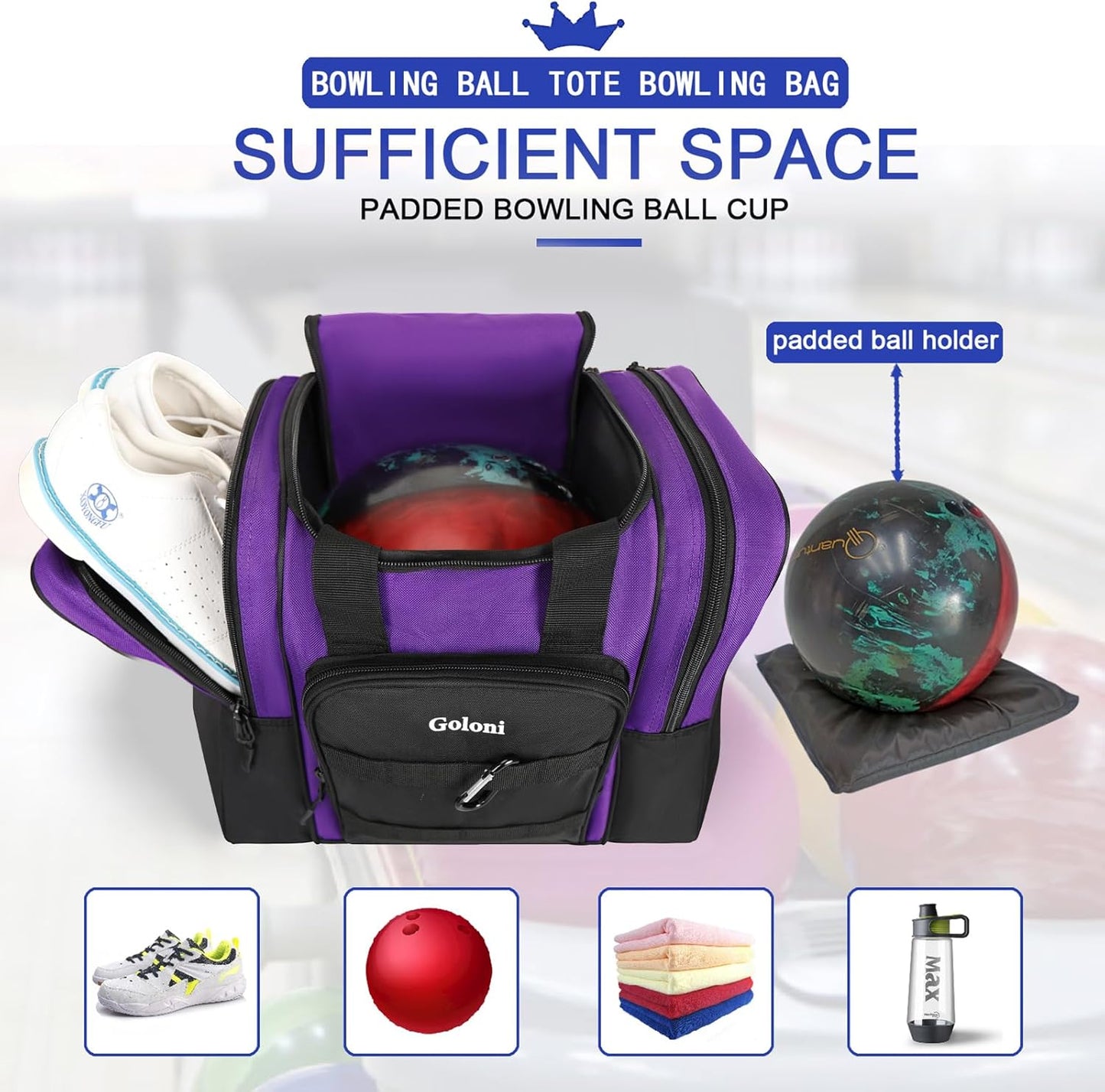 Goloni Bowling Ball Bag for Singer Ball with Padded Ball Holder, 2 Pockets fit Bowling Shoes Up to Mens Size 14 and Accessories