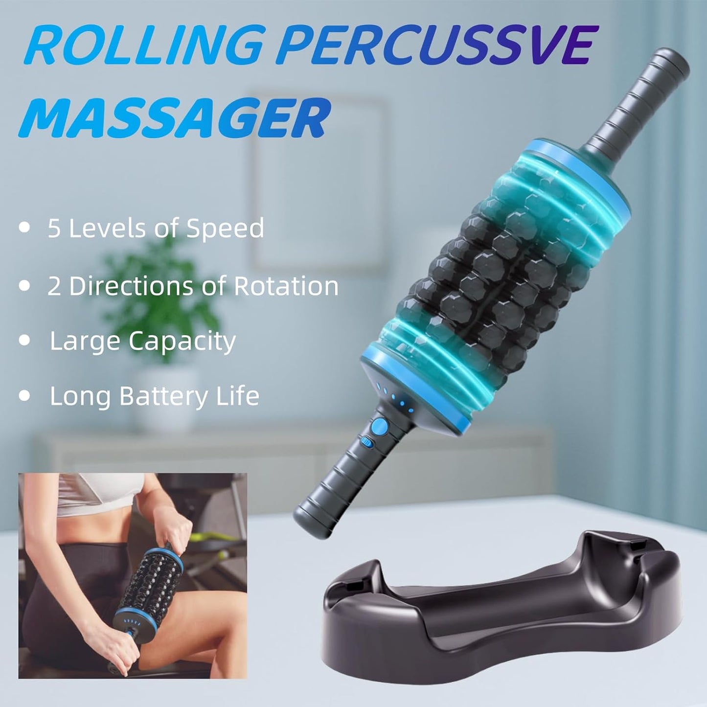 Rolling Percussive Massager – Massage with Auto-Lock for Pain Relief,Deep Tissue Relief & Muscle Relaxation, 5 Intensities, Cordless with Travel Case