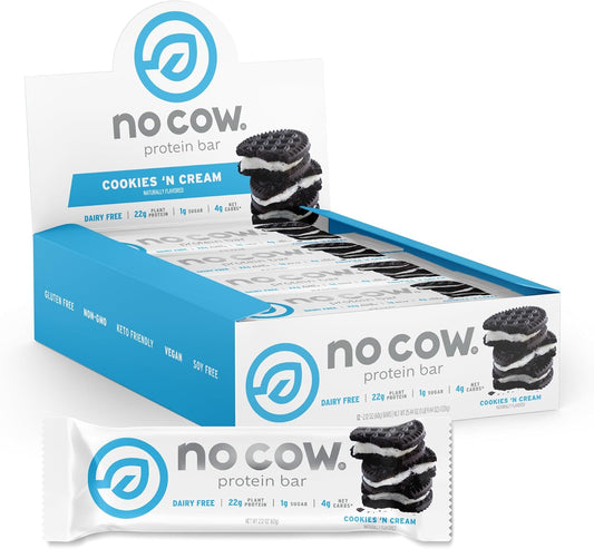 No Cow High Protein Bars, Cookies 'N Cream - Healthy Snacks, 20g Vegan Protein, High Fiber, Low Sugar, Keto Friendly, Dairy & Gluten Free (12 Count)