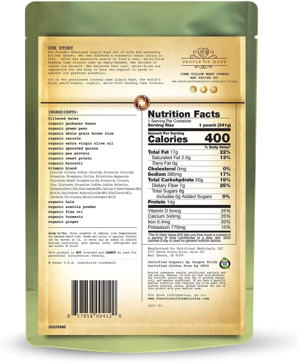 Functional Formularies Nourish Organic Tube Feeding Formula And Nutritional Meal Replacement Supplement, 12 Oz Pouch, Pack of 24