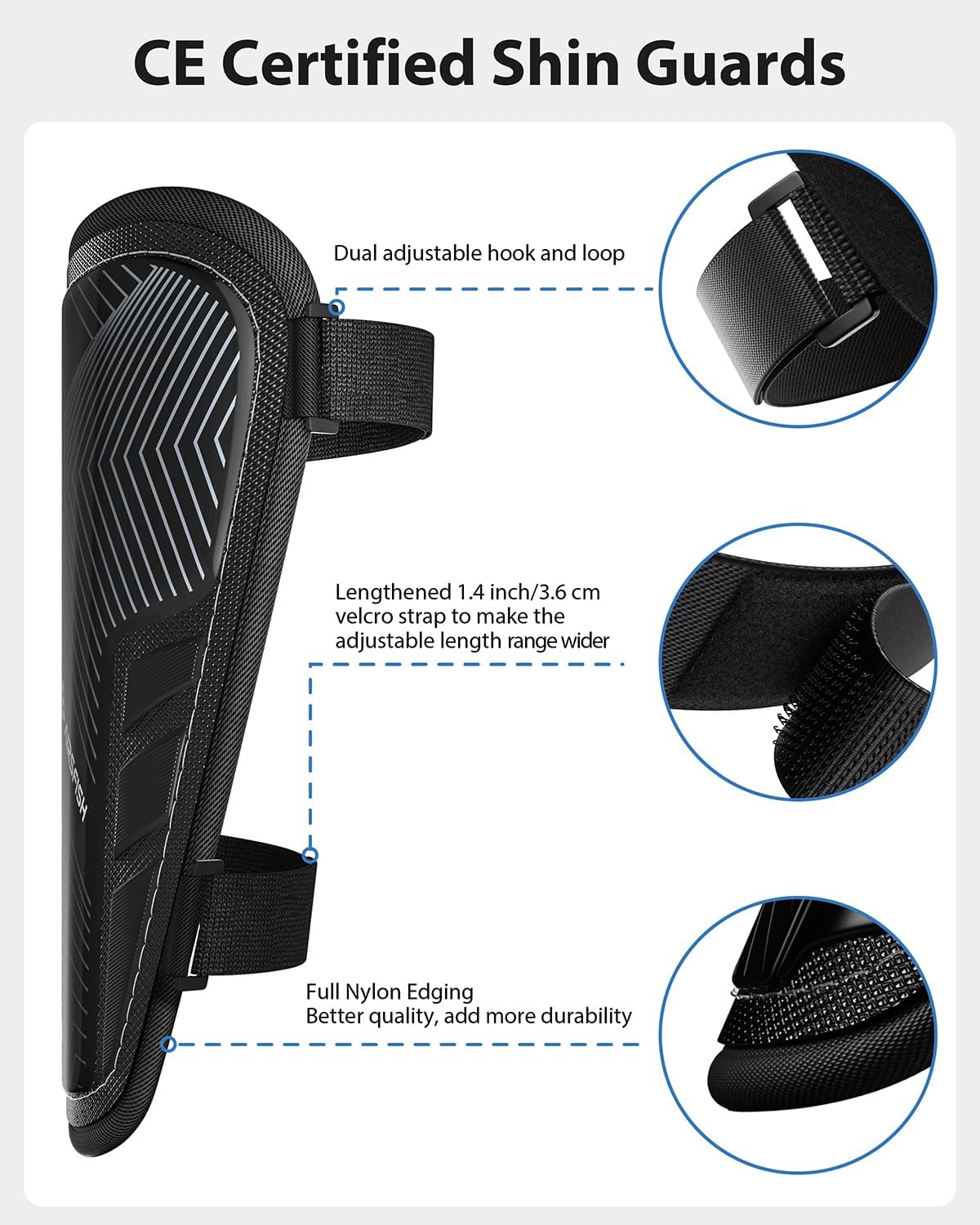 Shin Guards Soccer Kids Youth, CE Certified Airsfish Shin Guard Protection Gear for 2-18 Years Old Boys Girls Teenagers High Impact Resistant Breathable Comfortable 1 Pair 4 Sizes