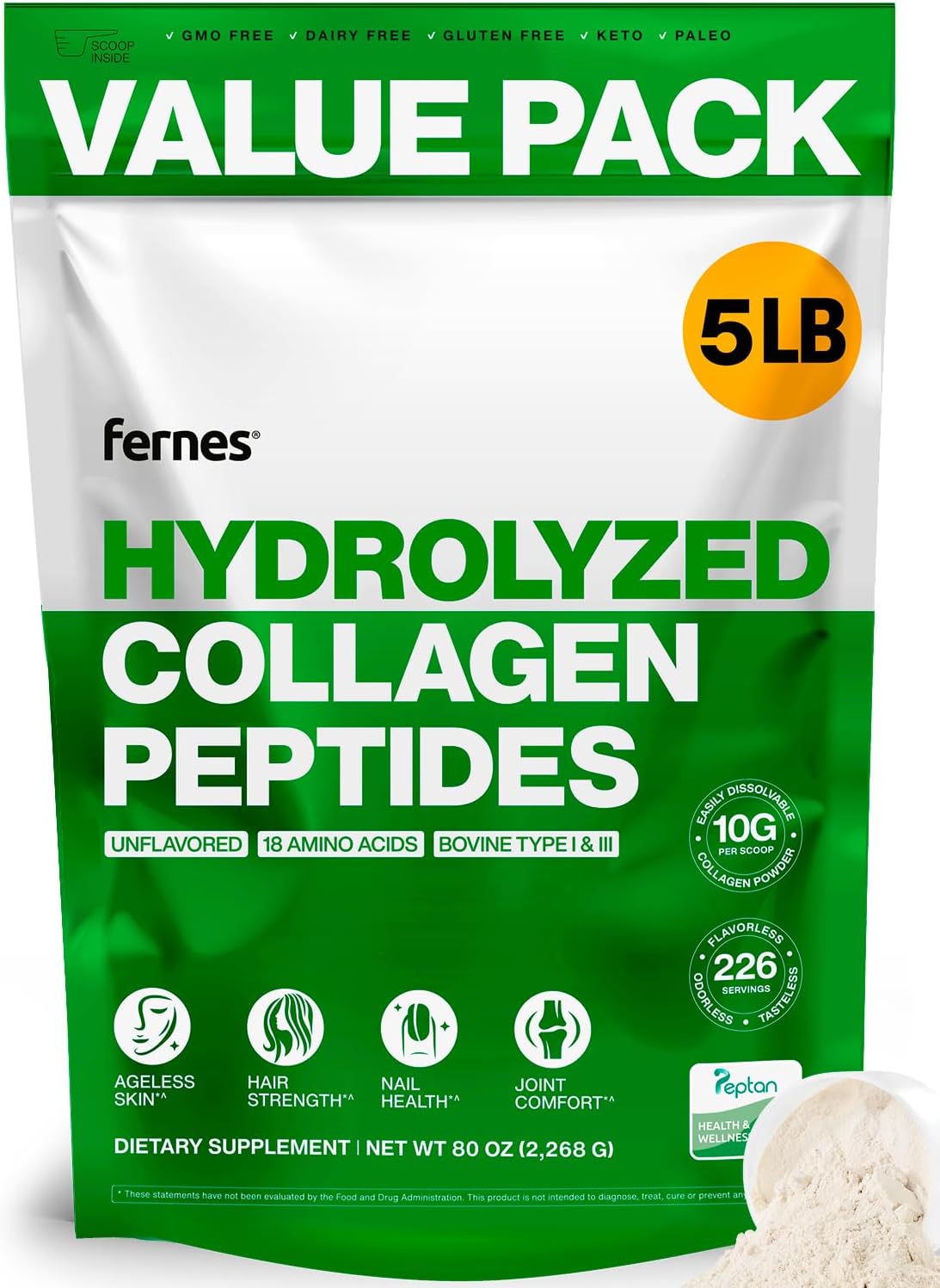 Collagen Powder for Women Men (5LB) Type I & III Flavorless & Odorless Easy-Mix Hydrolyzed Peptan Protein Peptides Joint Hair Skin & Nail Support Gluten-Free Non-GMO Keto Paleo Grass-Fed Kosher