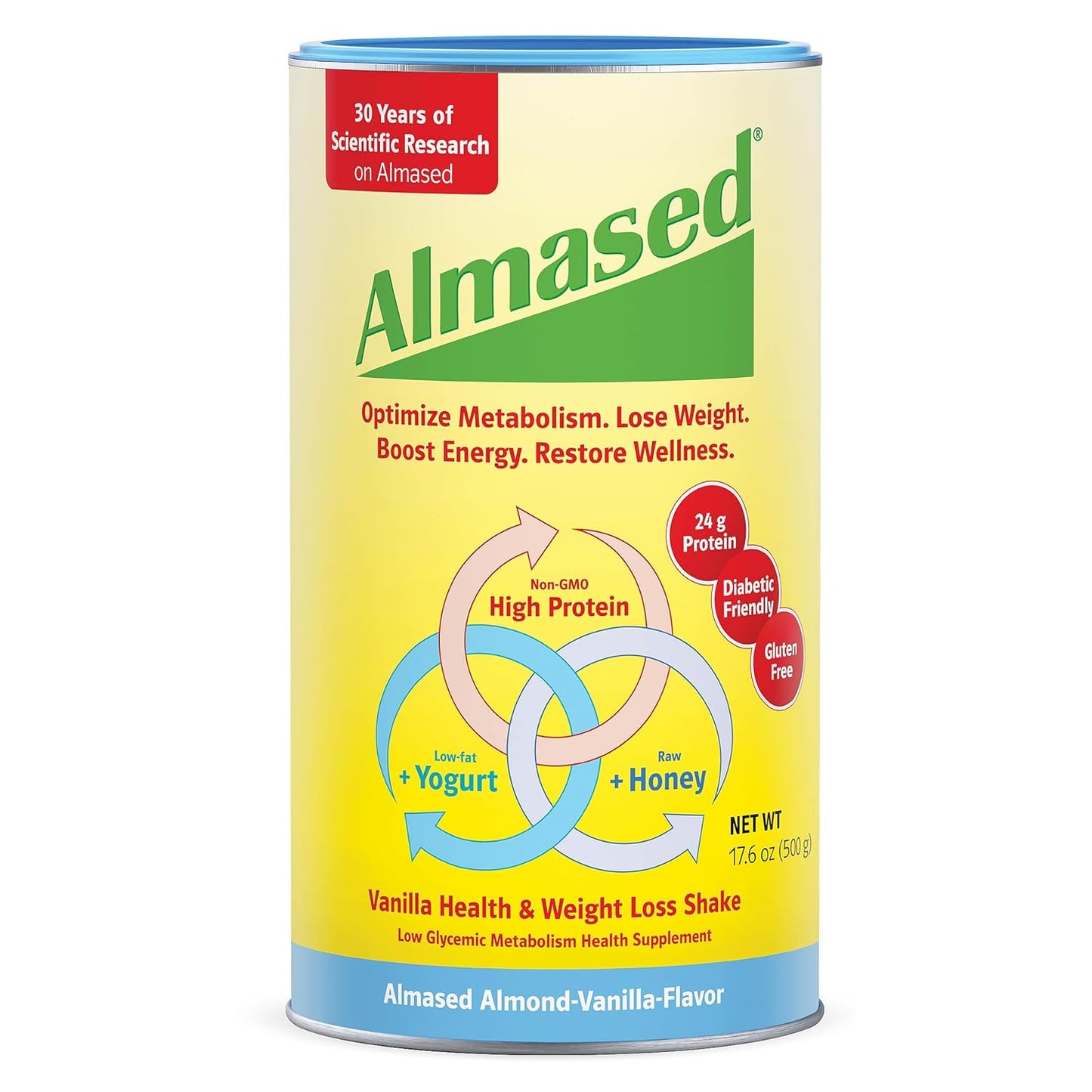 Almased Protein Powder for Weight Loss Kit for Men & Women, Natural Meal Replacement Shake for Weight Loss, Supplement, 24 Grams of Protein Per Serving (Almond Vanilla Flavor, 3 Cans @ 17.6 oz ea + Scoop)