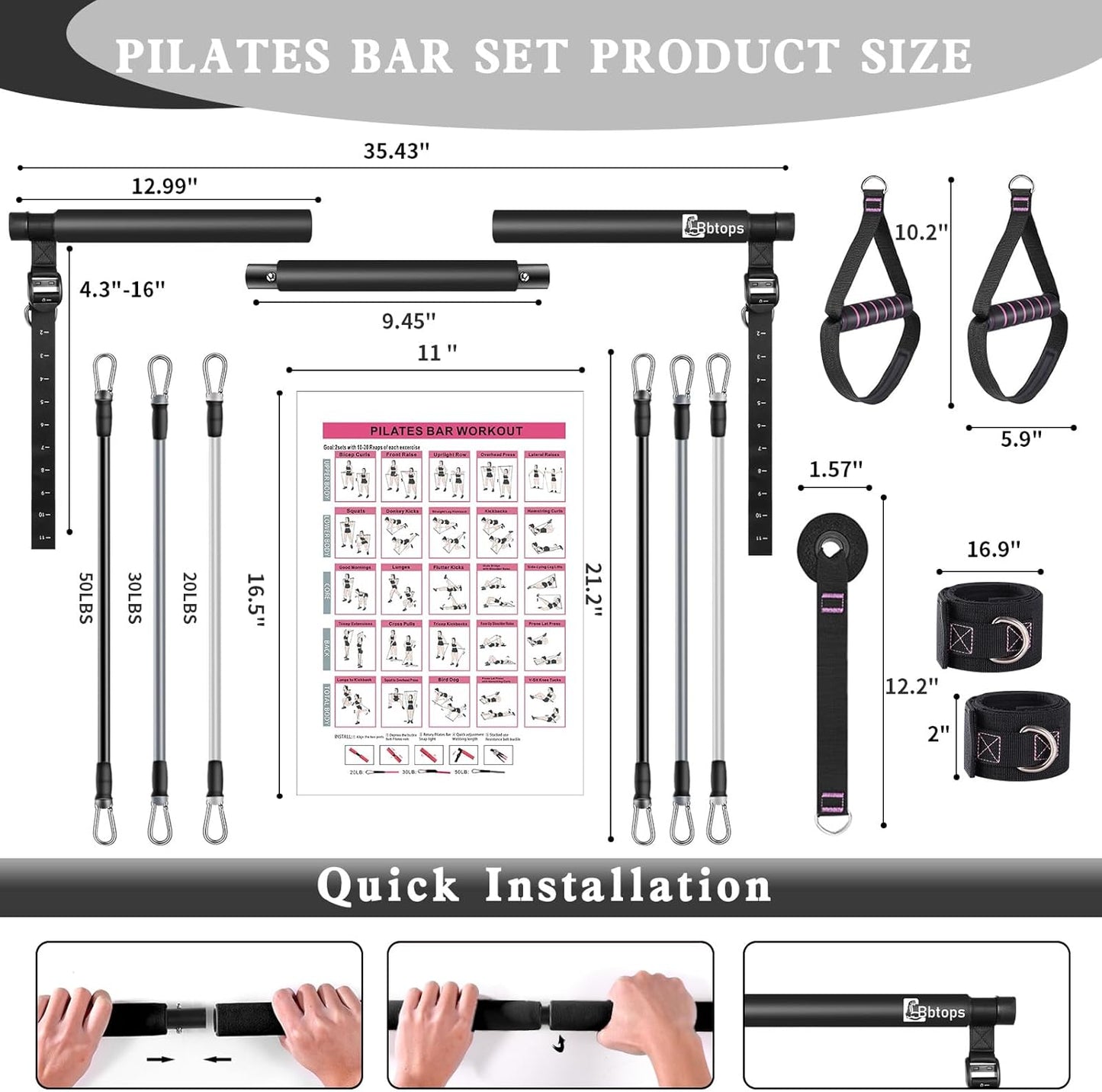 Pilates Bar Kit with Resistance Bands,Pilates Bar with Stackable Bands Workout Equipment for Legs,Hip,Waist and Arm,Exercise Fitness Equipment for Women & Men Home Gym Yoga Pilates