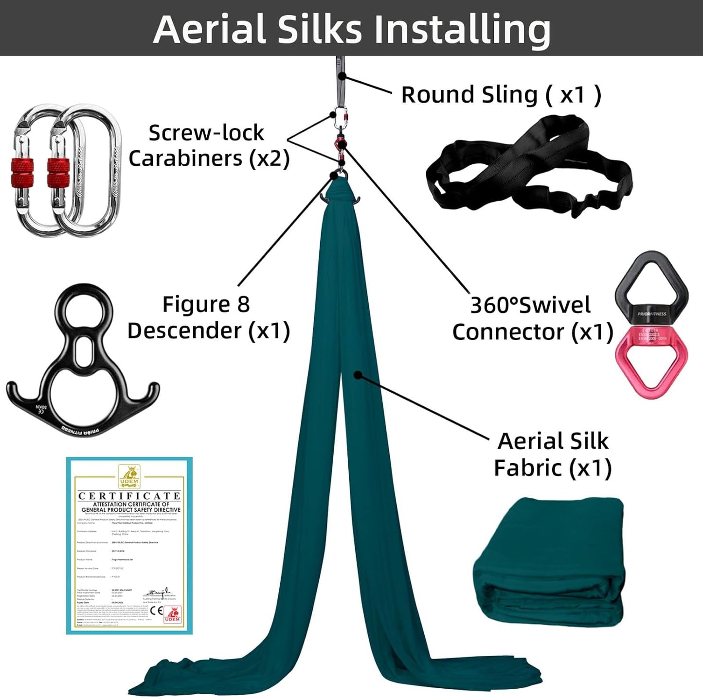 PRIOR FITNESS Aerial Silks Kit Colorful 9/15/20 Yards 40D Nylon Fabric Hammock Set With Hardware & Guide for All Levels Of Aerial Yoga Practice and Acrobatic Flying For Adults Aerial silk