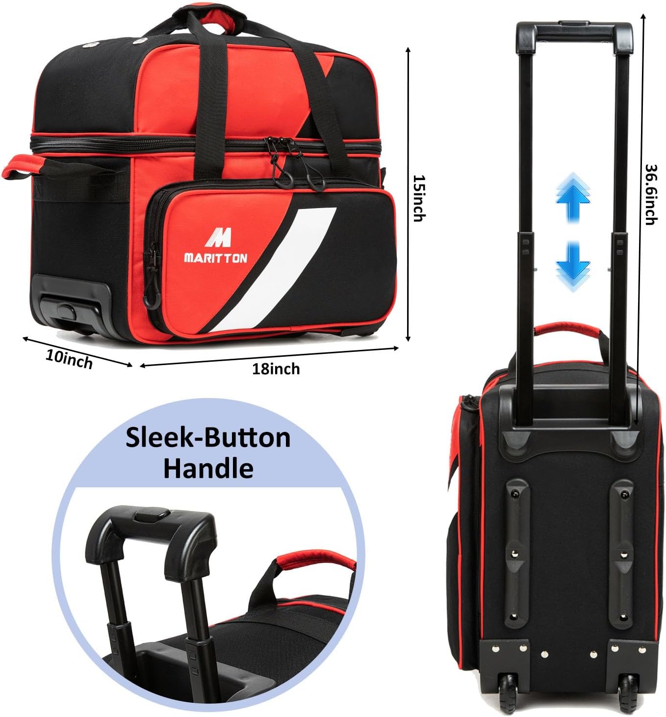 Bowling Bag with Wheels Double Roller 2 Ball Bowling Separate Shoe Compartment and Oversized Accessory Pocket, 36.6" Extendable Handle.