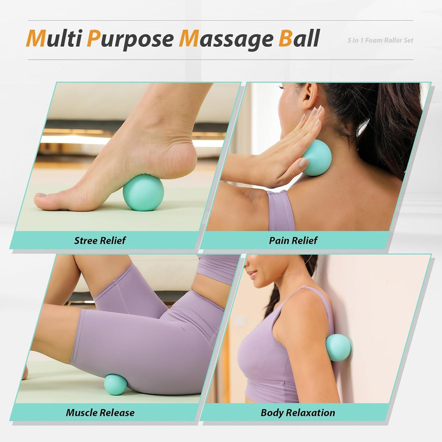 5 in1 Foam Roller Set, Trigger Point Foam Roller, Massage Roller Stick, Massage Ball, Resistance Band for Deep Muscle Massage Pilates Yoga,Fitness Exercise for Whole Body (Pure Turquoise)