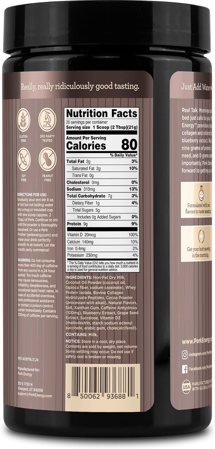 Perk Energy Original Dark Chocolate Salted Caramel Pretzel (20 Servings) - Gluten Free, Soy Free, Peanut Free