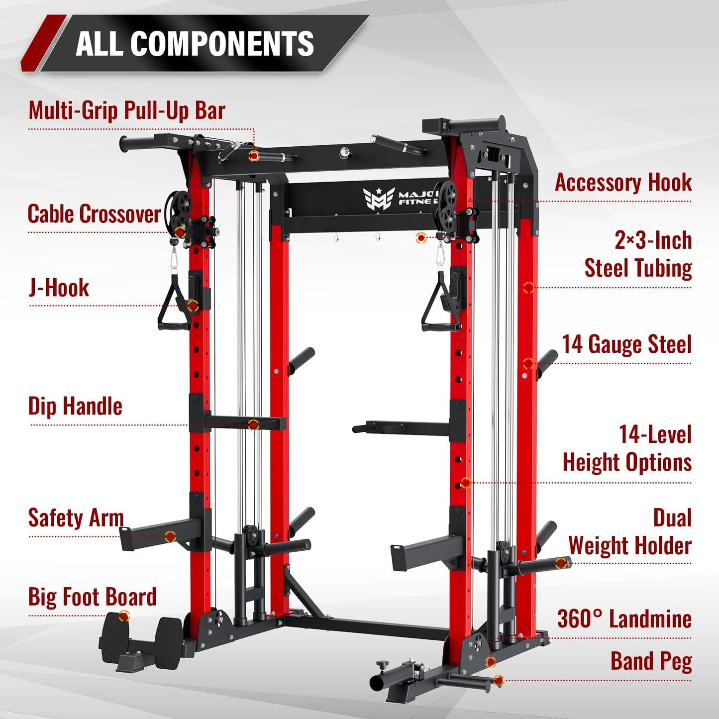 MAJOR FITNESS F22 Multi-Functional Power Rack—1600lbs Capacity All-in-One Squat Rack with Dual Pulley System for Home Gym Strength Training