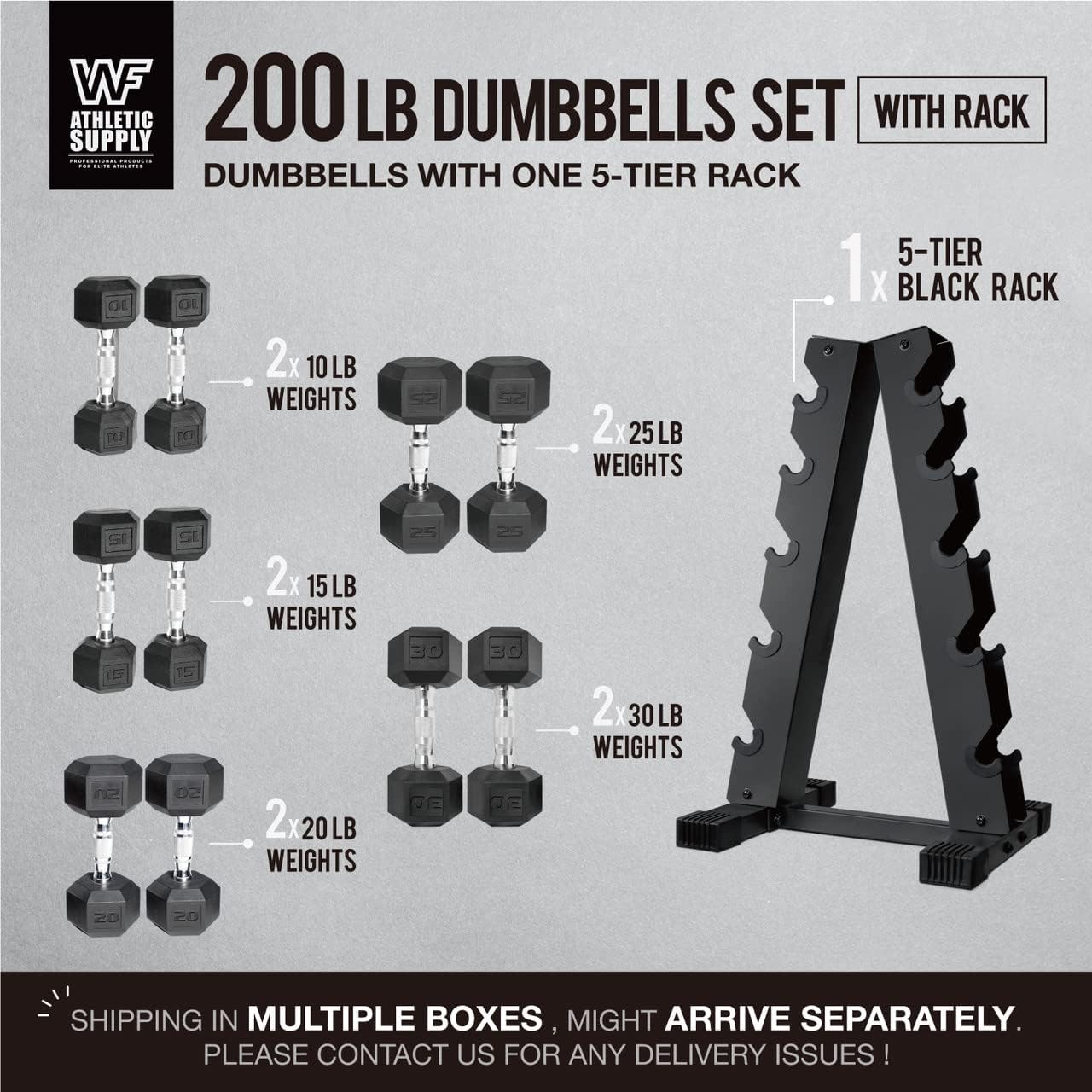 WF Athletic Supply 200Lb Dumbbell Set, 10-30Lb Dumbbell Set with A Frame Storage Rack for Muscle Toning, Strength Building & Weight Loss - Multiple Choices Available