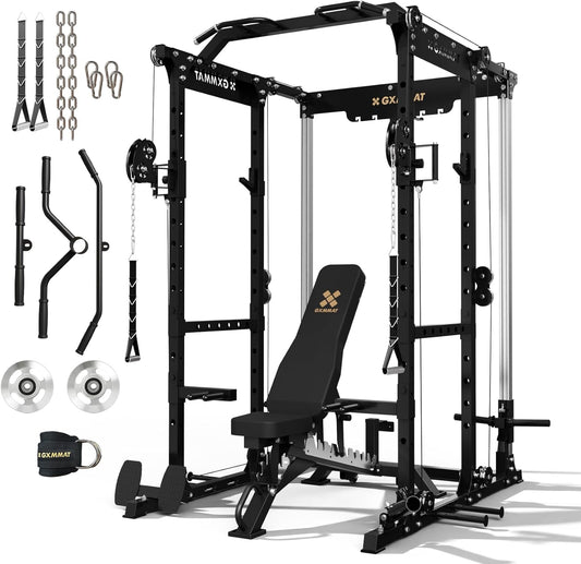 GXMMAT X6 Power Cage, 2200LB Multi-Function Power Rack with Independent Dual Aluminum Pulley System, Squat Rack for Home Gym Strength Training Equipment, Heavy-Duty Steel Construction