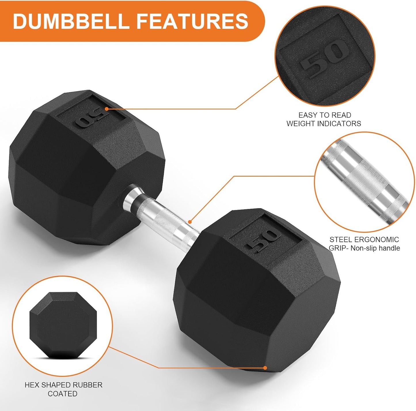 Rubber Coated Hex Dumbbell Weight Set, Multiple Sizes Exercise & Fitness Dumbbells,100LB Set,110LB Set,200LB,350LB,450LB,550LB, 35-50Lbs Pairs for Muscle Toning, Strength Building & Full Body Workout