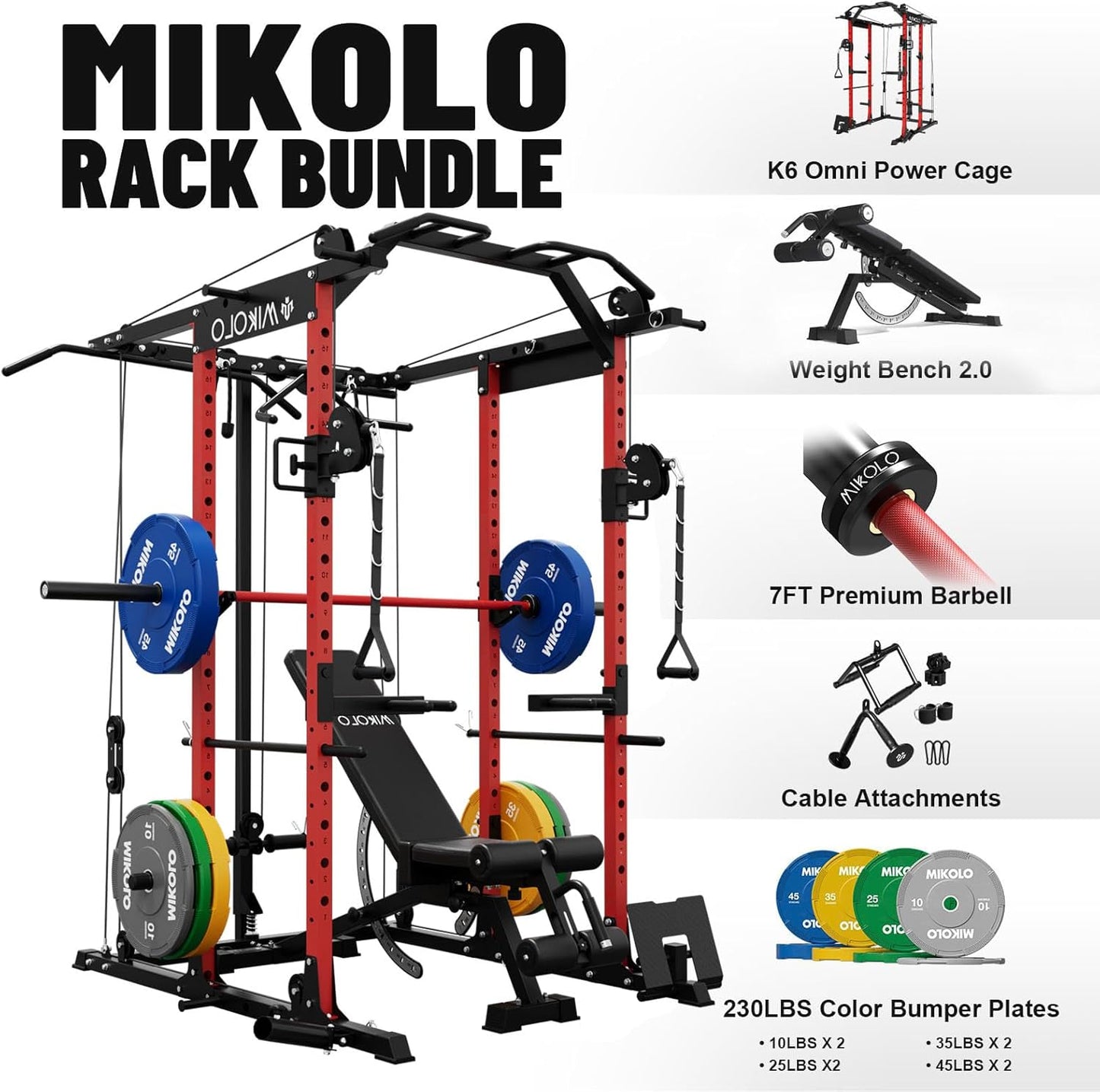 Mikolo Power Cage, Power Rack with Cable Crossover System, 1500LBS Squat Rack with LAT Pull Down System, Workout Cage with Pulley System for Fitness Home Gym