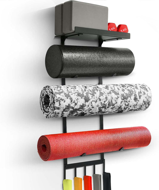Yoga Mat Holder Wall Mount, Home Gym Storage Rack with Top Flating Shelf, 4-Tiers Holding Yoga Mat/ Blocks/ Rollers and Decorations, 5 Hooks for Resistance Bands, Skipping-Rope, Small Gym Equipment