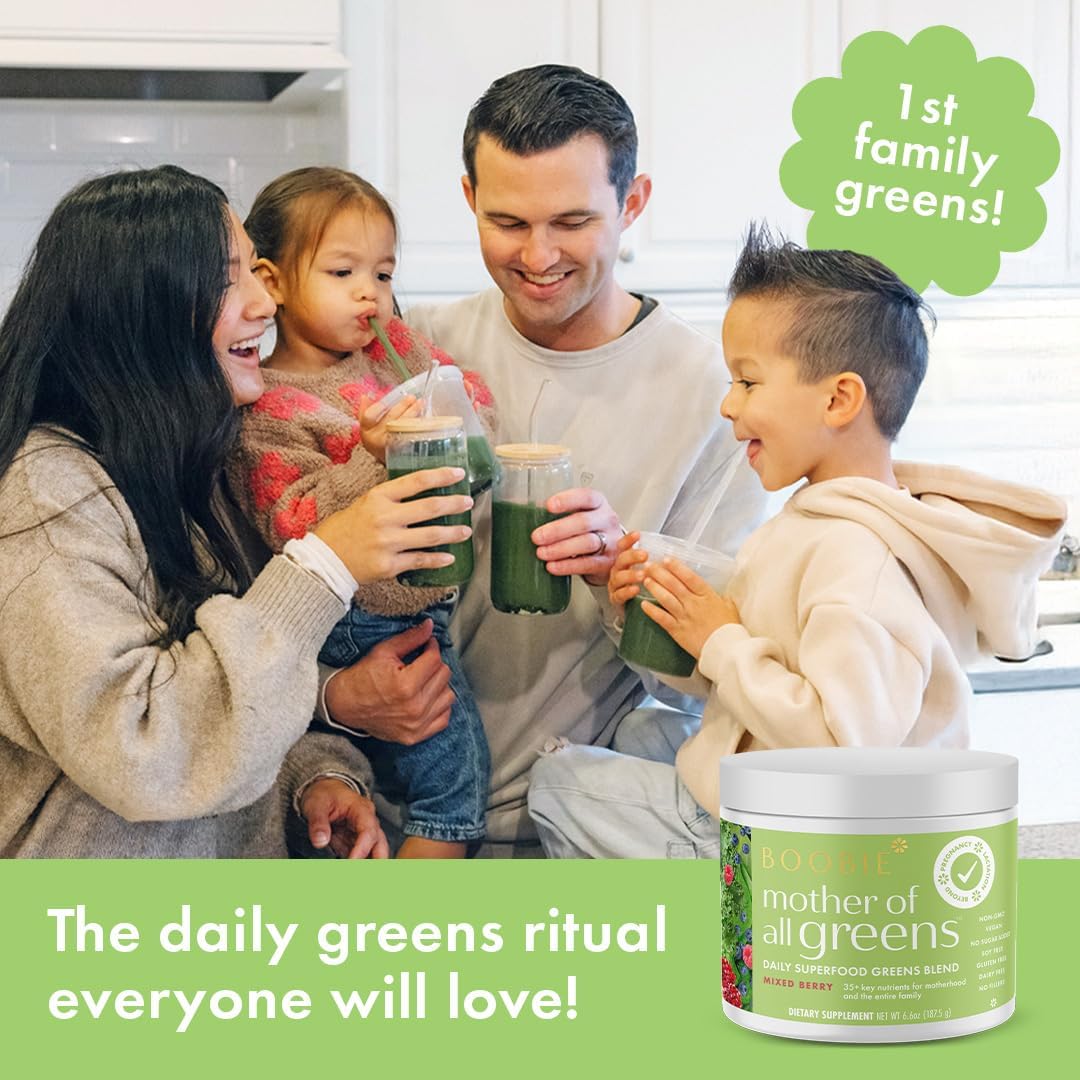 Boobie Mother of All Greens | Your New Family Ritual, Daily Super Greens Powder with 35+ Essential Nutrients for Moms & Families | Vegan, Gluten Free, & Sugar Free | Mixed Berry Flavor, 30 svgs