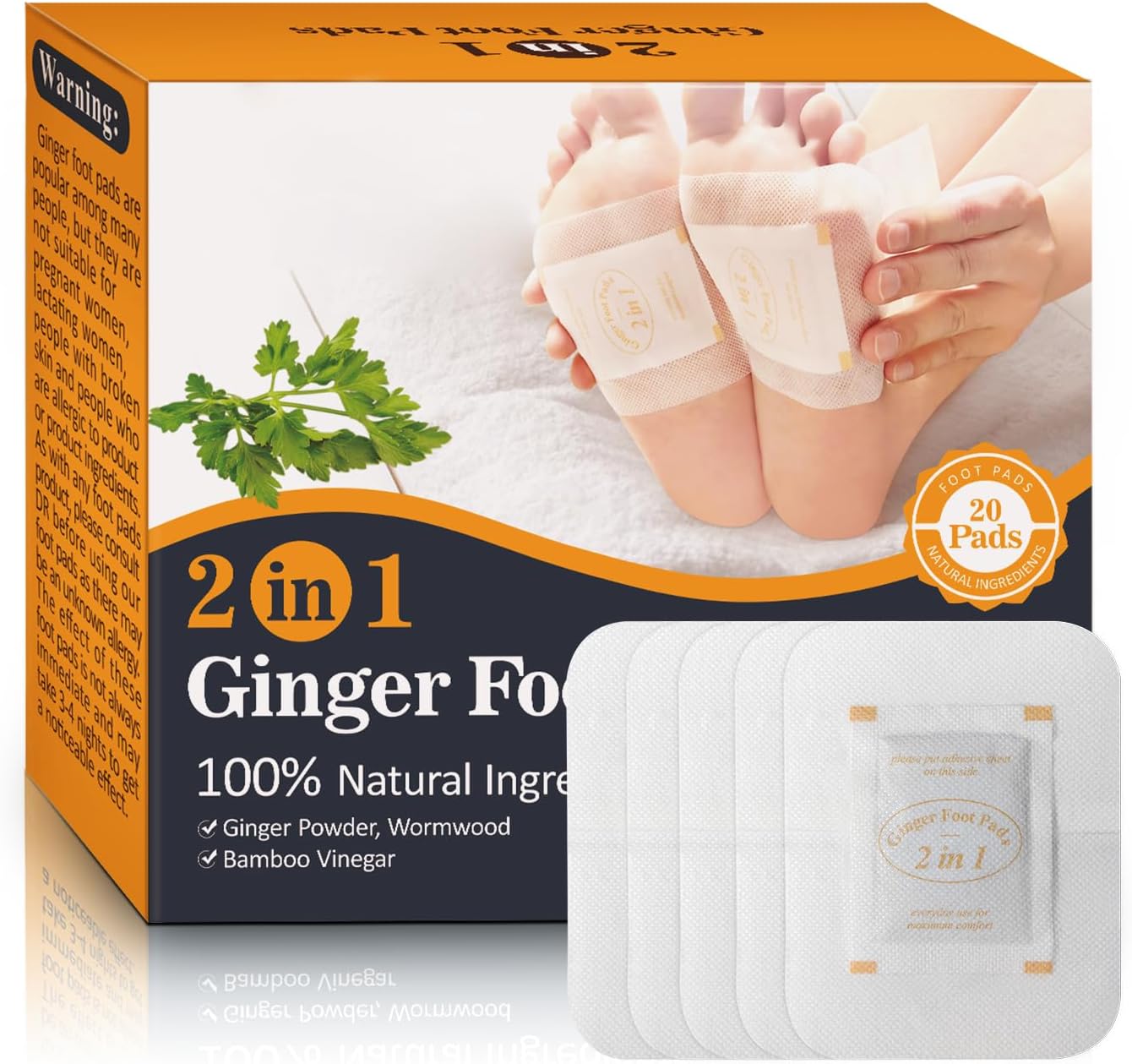 2 in 1 Foot Pads, Tear and Use Ginger Wormwood with Pure Natural Ginger Powder Bamboo Vinegar Wormwood, Bigger Adhesive ''Stay in Place'' All Night, 20 Pads