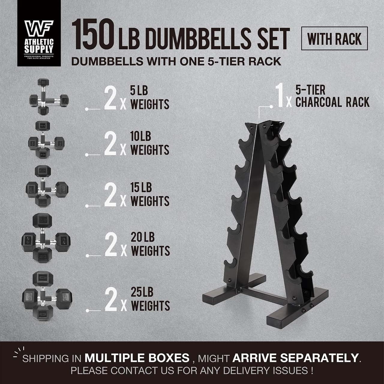 WF Athletic Supply Rubber Encased Hex Dumbbells with Rubber Grip Contoured Handle for Muscle Toning, Strength Building & Full Body Workout