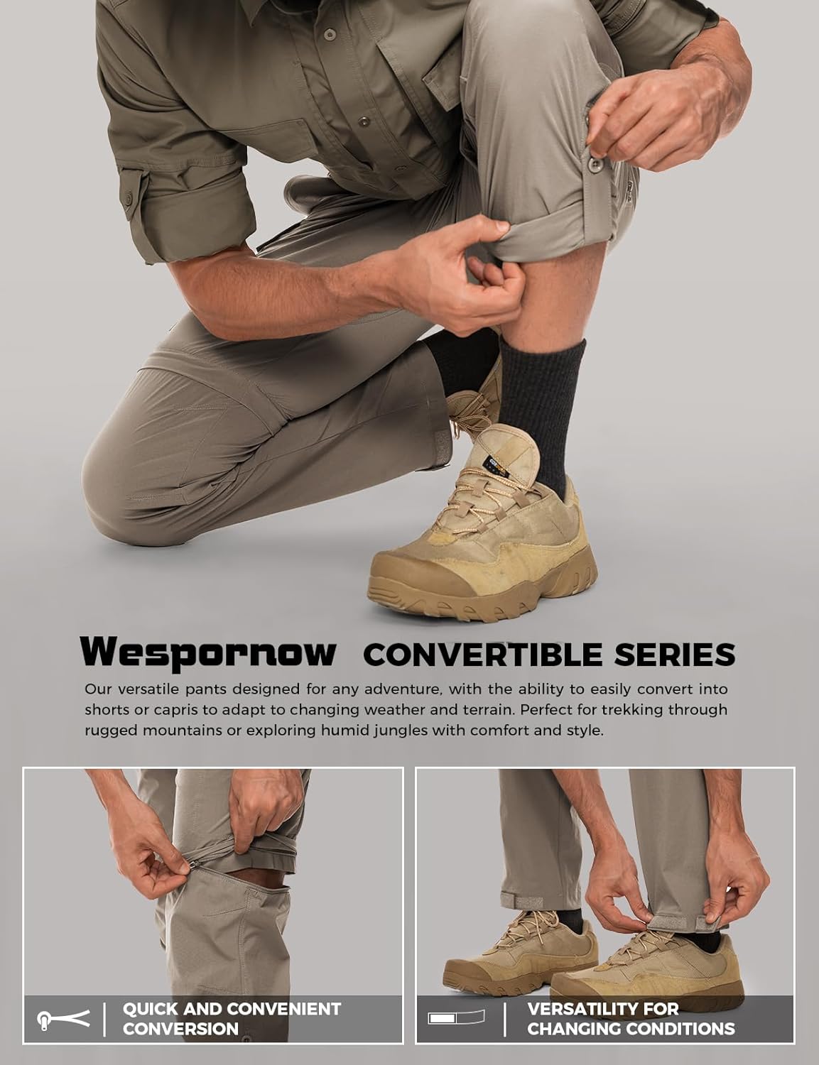 Wespornow Men's-Convertible-Hiking-Pants Quick Dry Lightweight Zip Off Breathable Cargo Pants for Outdoor, Fishing, Safari