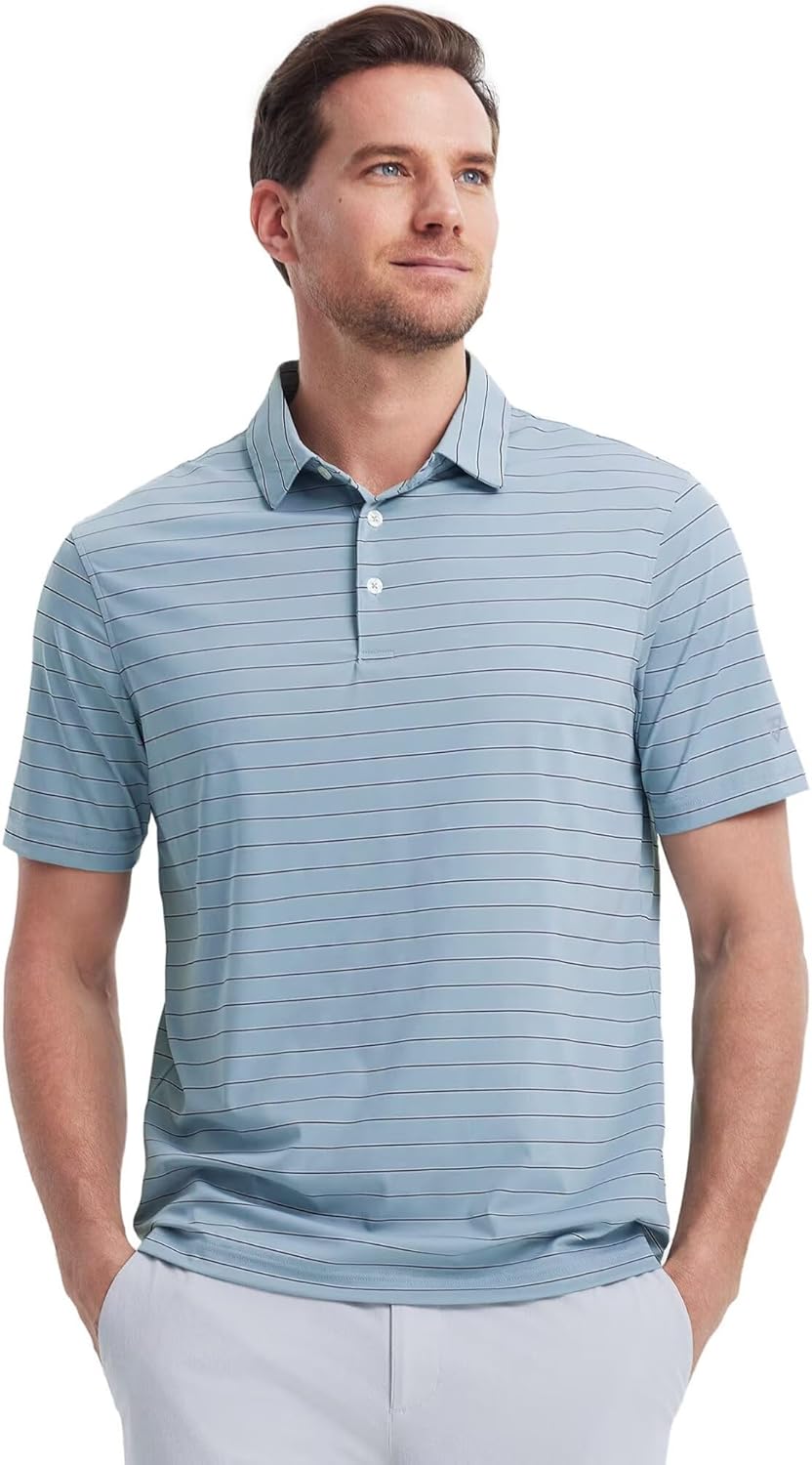 M MAELREG Mens Striped Golf Shirts Short Sleeve Silk-Like Touch Water-Resistant Breathable Soft Collared Polo Shirts for Men