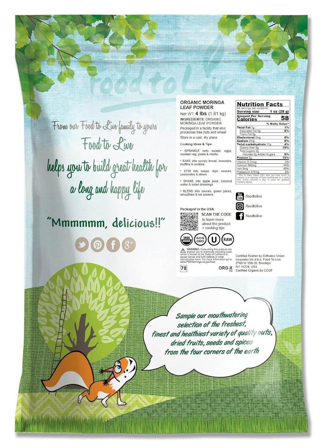 Food to Live Organic Moringa Leaf Powder, 4 Pounds - Non-GMO, Kosher, Raw, Vegan, Bulk, Ground Moringa Oleifera Leaf, Sun-Dried, Great for Drinks, Teas and Smoothies