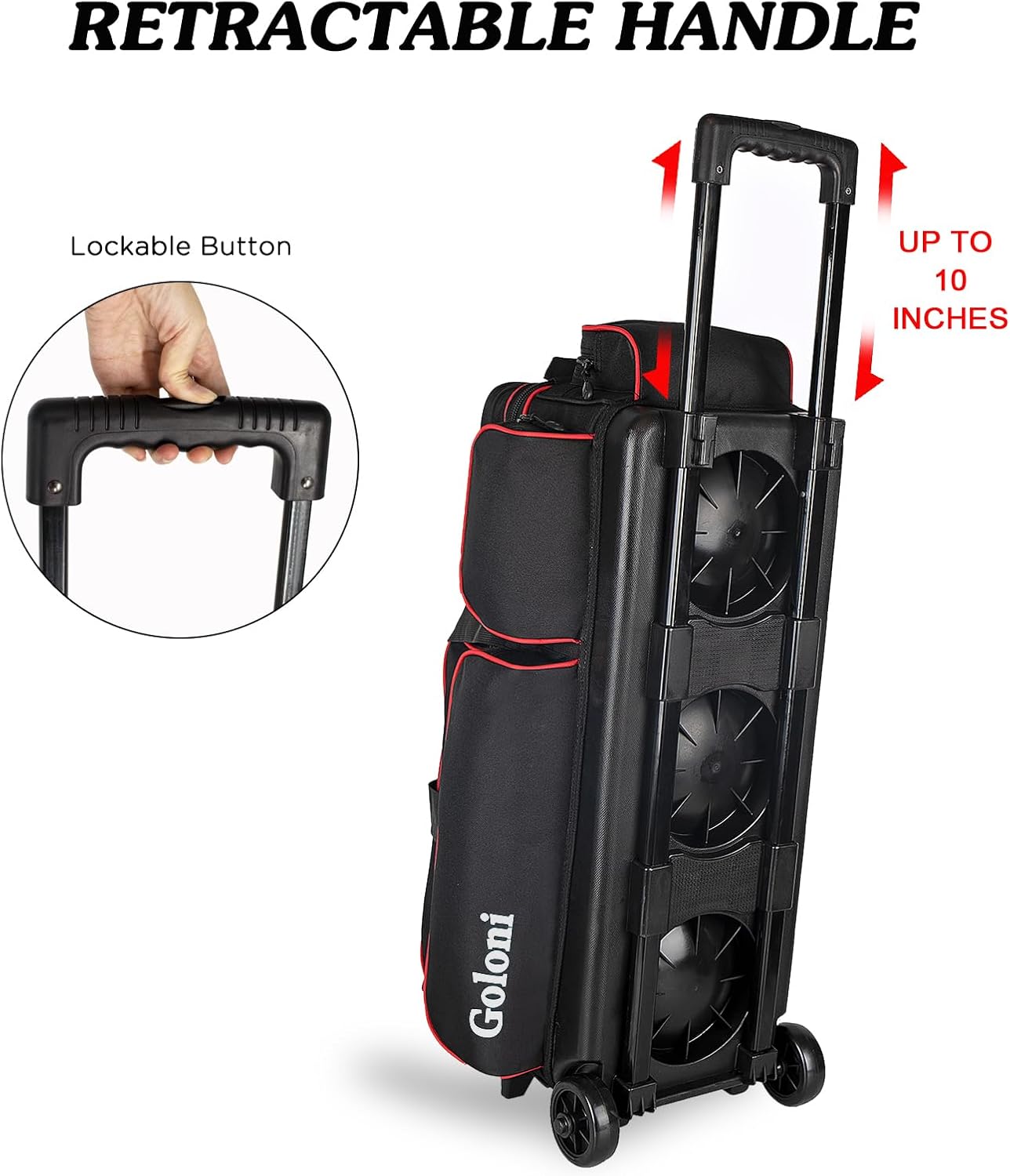 Goloni 3 Ball Bowling Bags with Wheels - Rolling Bowling Bag for 3 Balls & Accessories - Retractable Handle Extends to 38