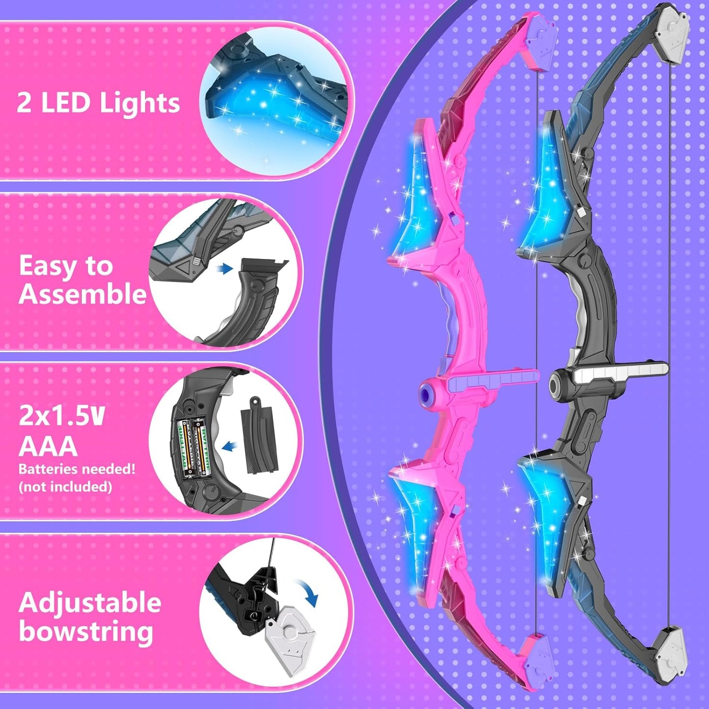 2 Pack Kids Bow and Arrow, 20 Suction Cup Arrows, 2 Archery Targets&Quiver, Light-up Set for Kids Ages 4-8 8-12, Indoor Outdoor Toys for Boys Girls, (Black & Pink)