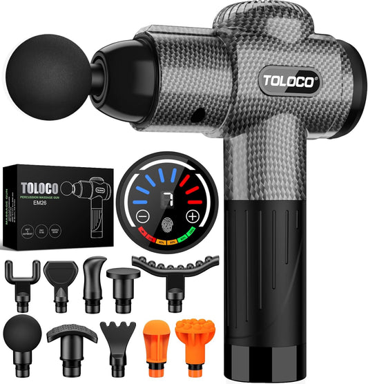 TOLOCO Massage Gun, Deep Tissue Back Massage for Athletes for Pain Relief, Percussion Massager with 10 Massages Heads & Silent Brushless Motor, Carbon