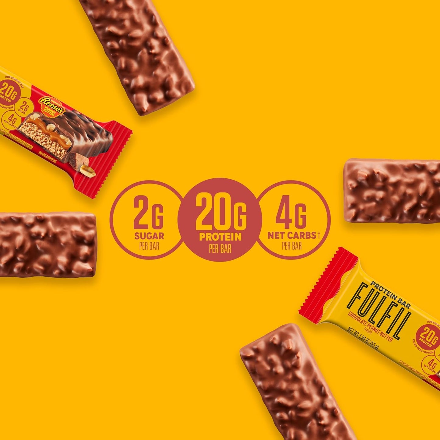 FULFIL Chocolate Peanut Butter Flavored Protein Bar Made with REESE's Peanut Butter, Gluten Free with 20g Protein, Pantry Staples, 12 Count
