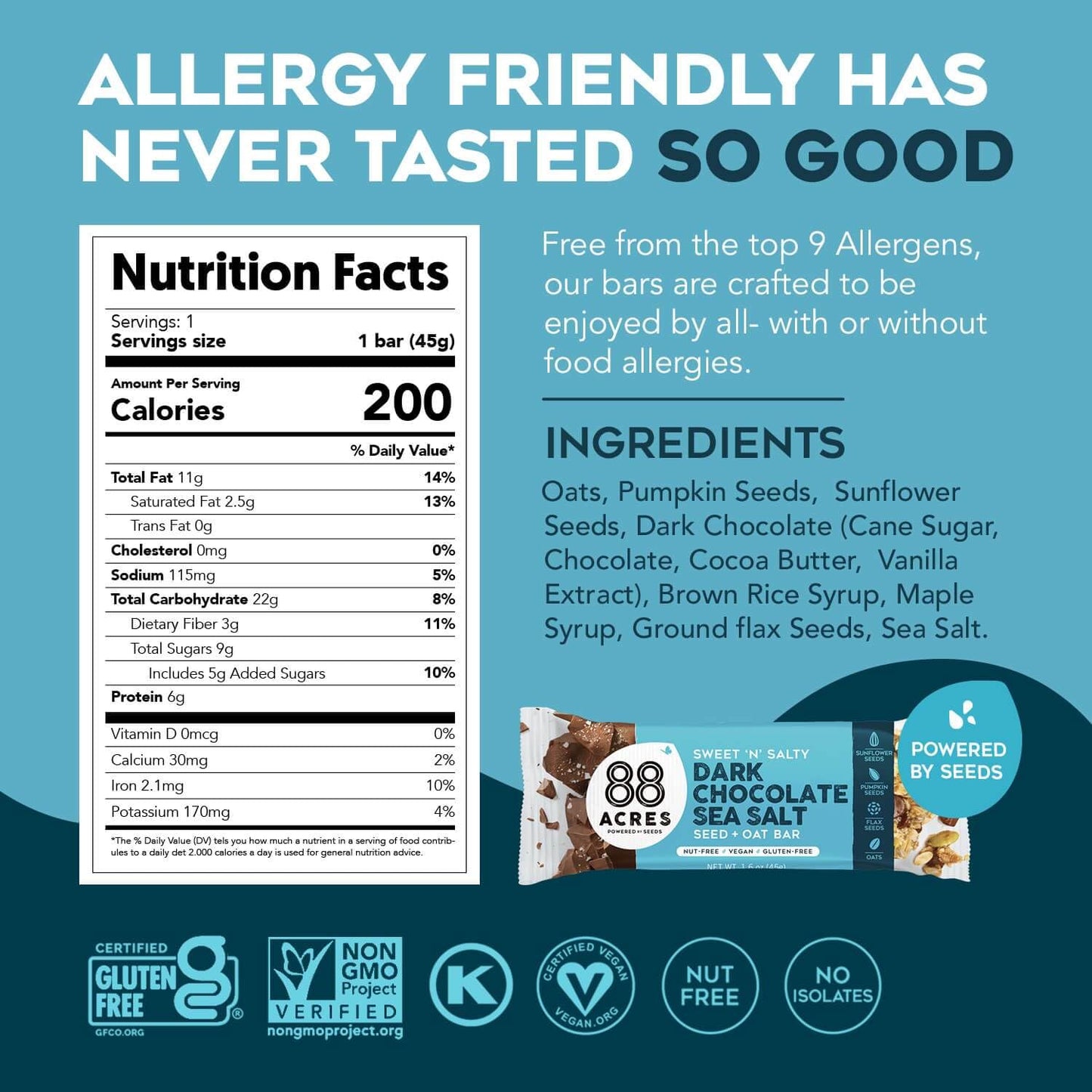 88 Acres Granola Bars | Dark Chocolate Sea Salt | Gluten Free, Nut-Free Oat and Seed Snack Bar | Vegan & Non GMO | 12 Pack