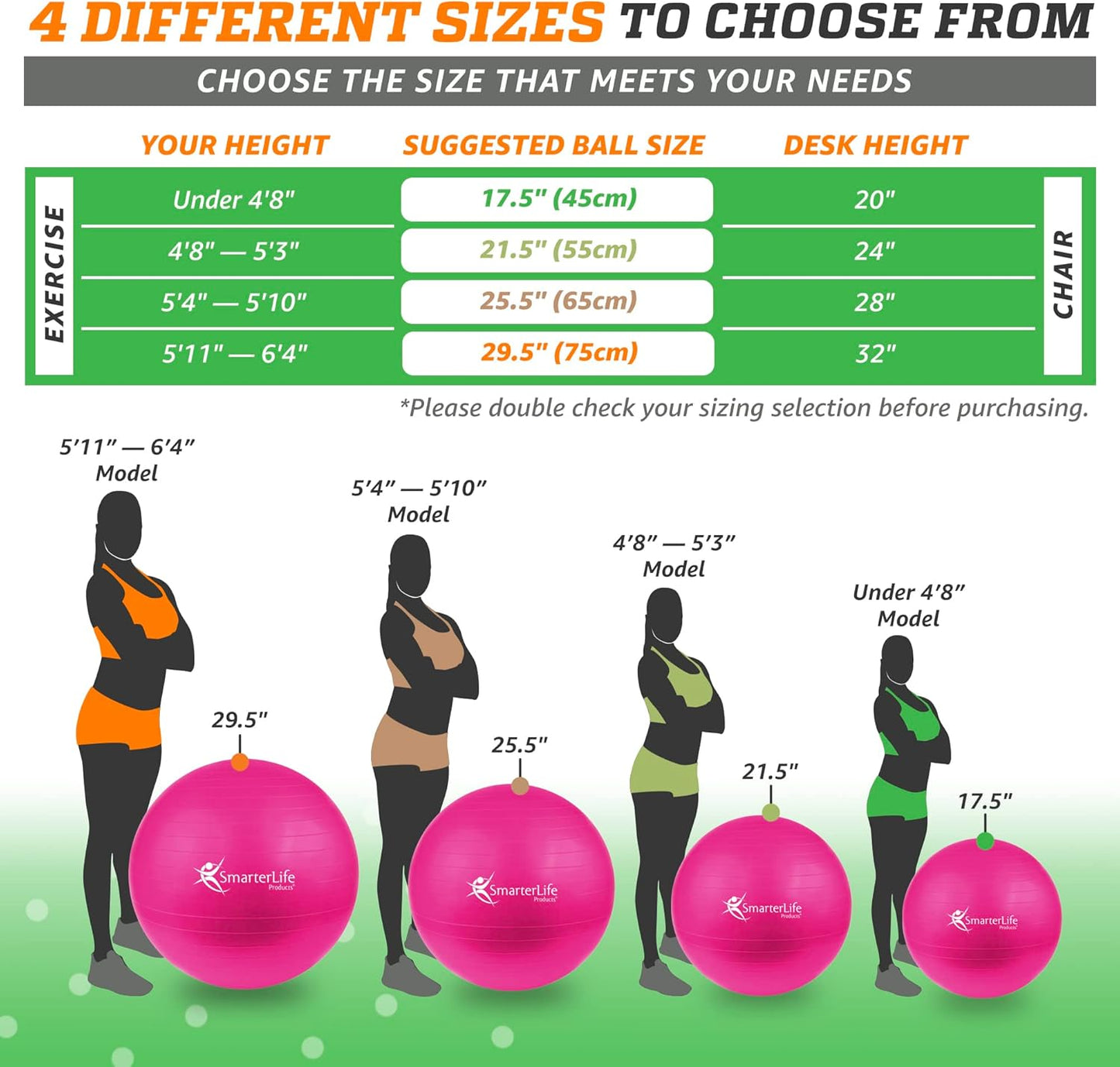 SmarterLife Exercise Ball Yoga Ball for Fitness, Balance, Stability, or Pregnancy, Gym Ball for Core Workout, Physical Therapy, Yoga Ball Chair for Office, Anti-Slip Anti-Burst