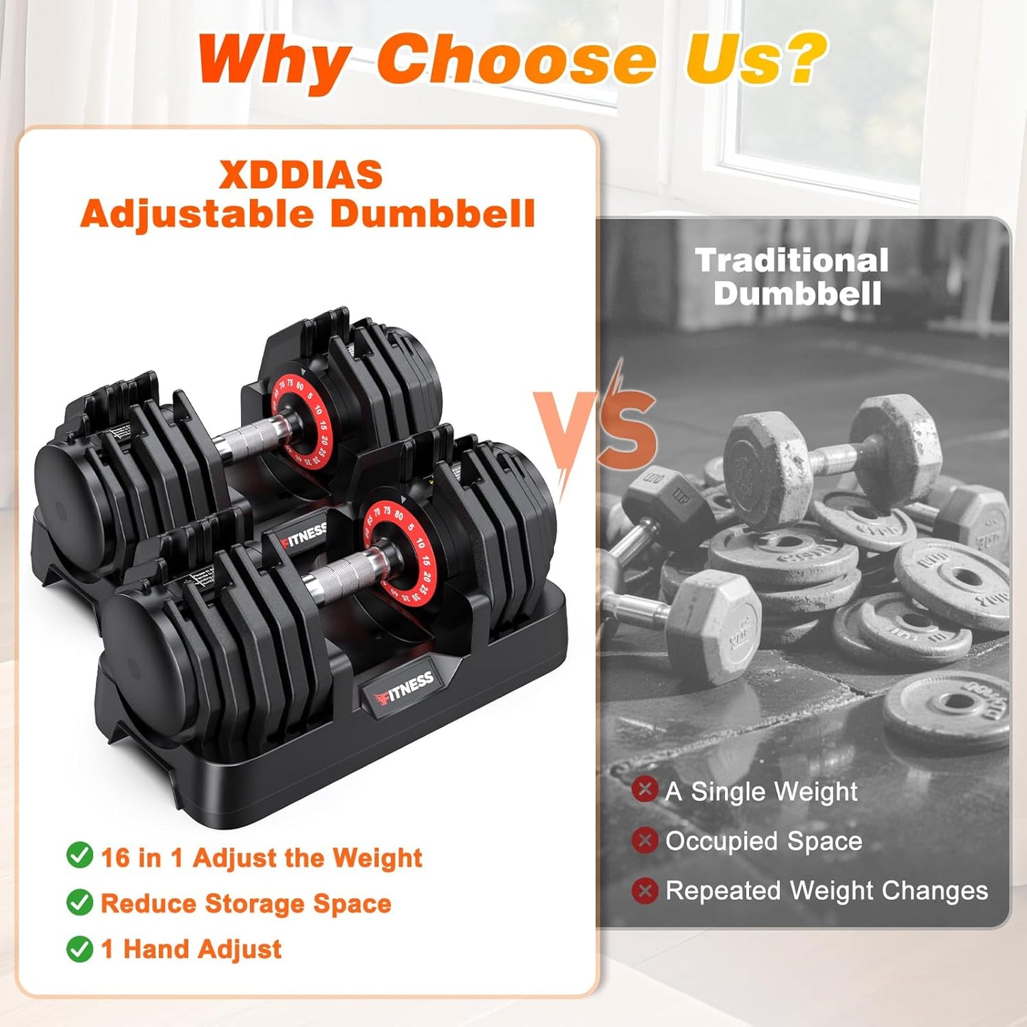 XDDIAS Adjustable Dumbbell Set of 2-25LB/55LB Set-1Sec Adjustable Dumbbell Weights-5 in 1 Free Weights Dumbbells Set with Effortless Tray/No-Slip Handle-Compact Size for Women/Men at Home Gym