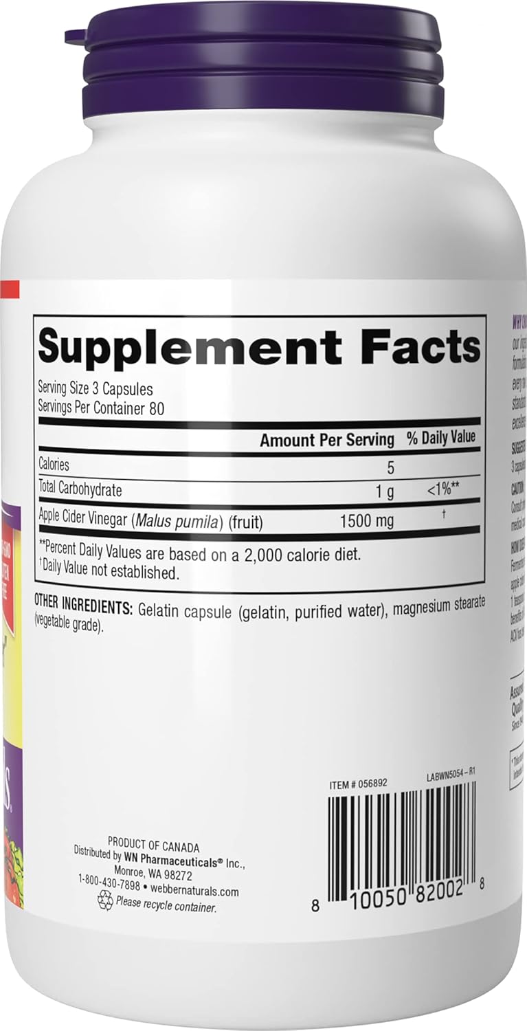 Webber Naturals Apple Cider Vinegar Capsules with The Mother, 1500 mg per Serving, High Potency, 240 Capsules, Natural Digestion Support, Sugar, Dairy & Gluten Free