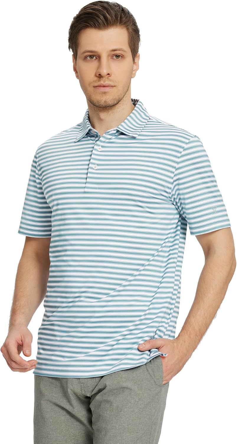 M MAELREG Golf Shirts for Men Short Sleeve Dry Fit Casual Striped Performance Moisture Wicking Collared Mens Polo Shirts