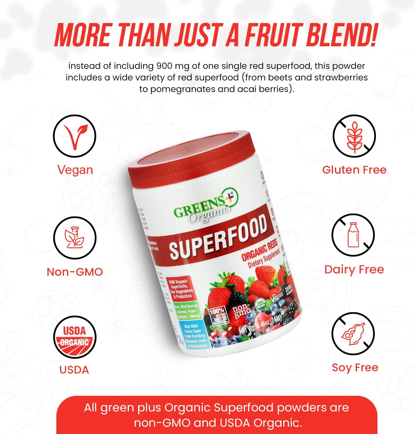 Greens+ Organic Reds Superfood Powder, Antioxidant, Polyphenol, Blend for Morning Kick, Energy, Vitality Boost, Nutrition, Vibrant Health, Vegan Soy/Dairy/Gluten Free(8.46oz)