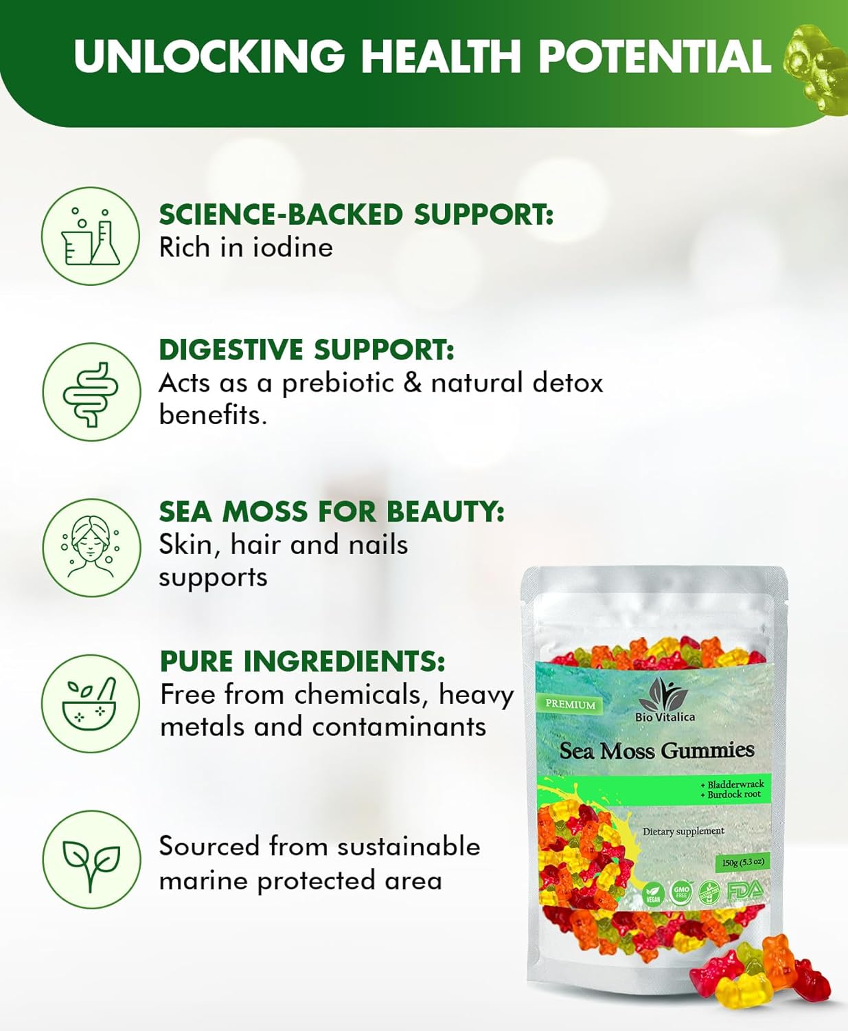 Sea Moss Gummies - Irish sea Moss raw Organic, Bladderwrack, Burdock Root. Contains Sea Moss Gel and Powder. Superfoods for Vegan, Keto and Dr Sebi Diet. Immune Boosting (2 Packs)