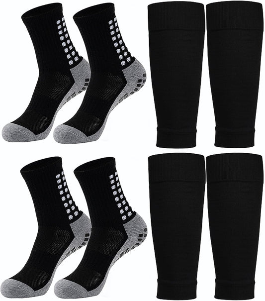 KMOLY 1 Set Soccer Grip Socks,Shin Guard Sleeves for Football Basketball for Men and Women Black/White One Size