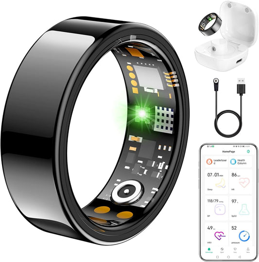 Ring Health Tracker for Women Men, Fit Ring with Heart Rate, Blood Oxygen, Sleep Monitor, Calories, Step Counter, IP68 Waterproof Smart Ring for iPhone & Android, No Subscription Fee (Black, 13#)