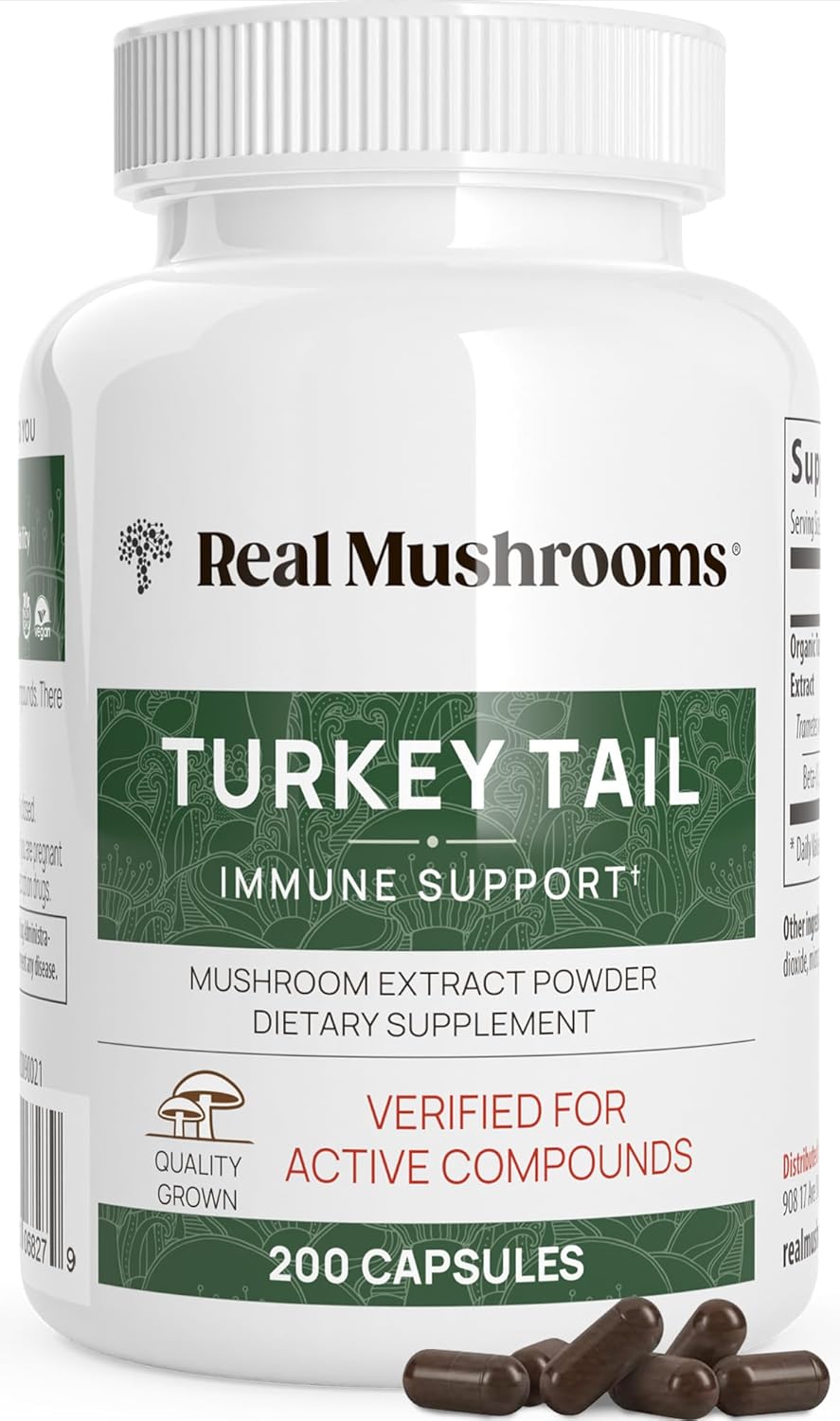 Real Mushrooms Turkey Tail Capsules – Organic Mushroom Extract for Daily Wellness, Gut Harmony, Energy Support – Vegan, Non-GMO, No Fillers – Turkey Tail Extract 200 Count Mushroom Supplement