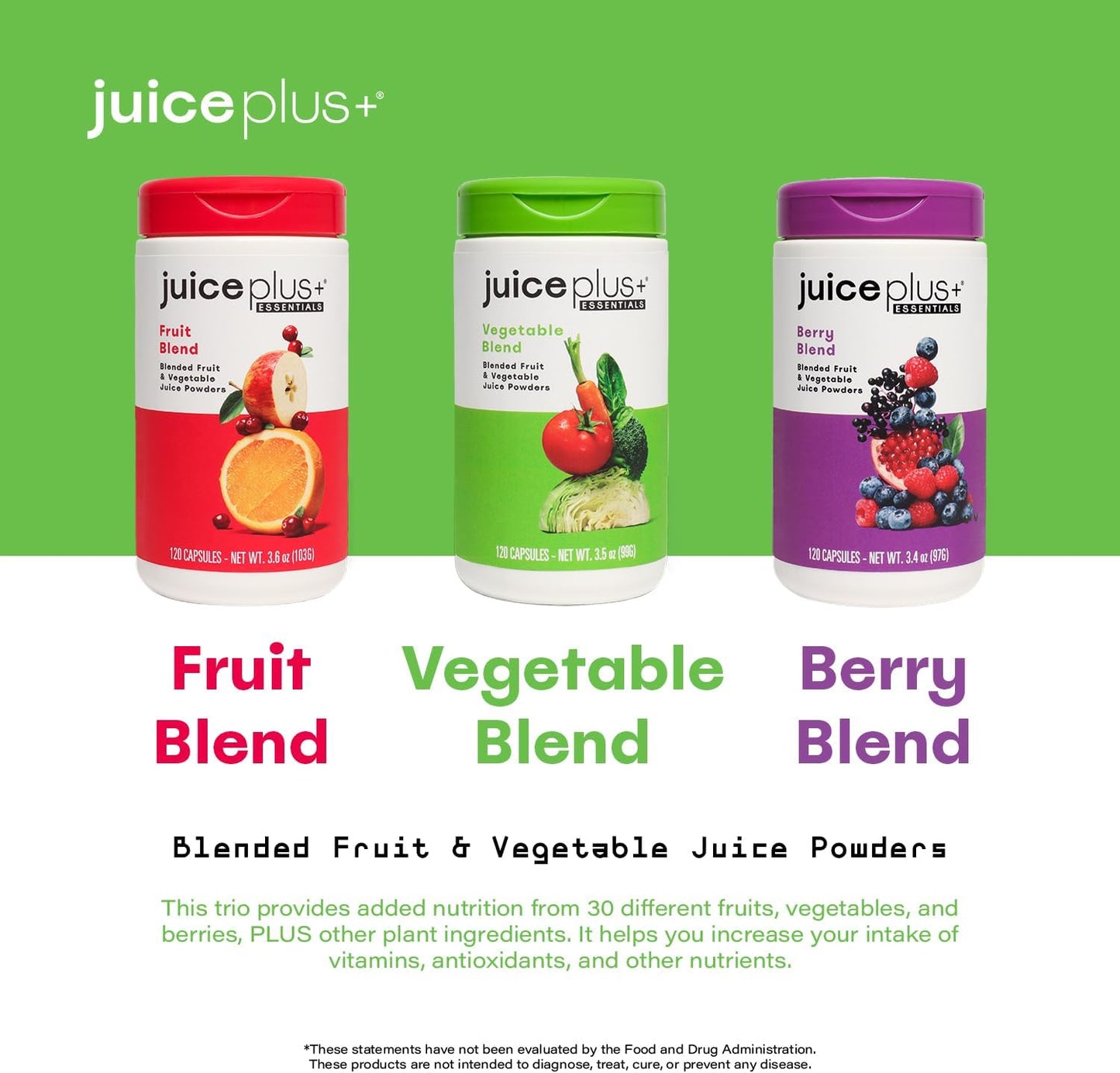 Juice Plus+ Fruit, Vegetable & Berry Blend - Fruit and Vegetable Supplement for Immune Support, Cognitive Health & Radiant Skin - 3 Bottles, (120 Capsules Each)