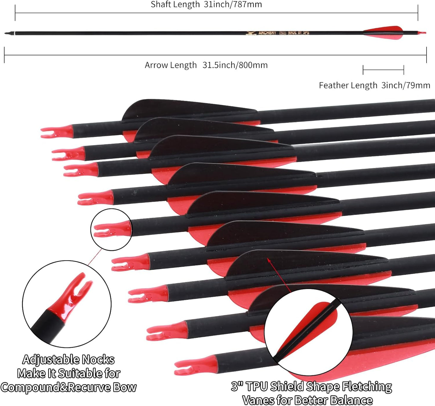 SOPOGER Archery Arrows for Compound Bow and Arrow Quiver Holder Tube, 31 Inch Arrows Practice Arrows for Recurve Bow 12 Packs, 500 Spine Hunting Arrows Carbon Fiber Target Arrow Accessories