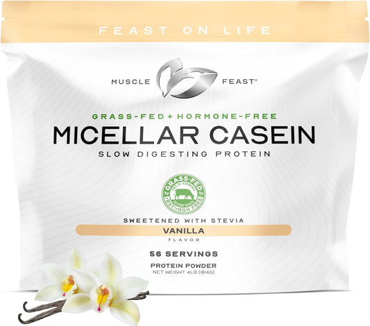 Muscle Feast Grass Fed Micellar Casein Protein Powder, Pasture Raised & Hormone Free, Slow Digesting Casein Protein - Supports Overnight Muscle Recovery, Gluten Free Protein Powder - Vanilla, 4lb
