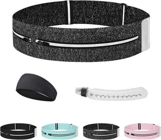 Running Belt for Women and Men, Adjustable Fanny Packs No Bounce Phone Holder for Running with Water Bottle & Headband, Waterproof Reflective Waist Packs for Runner Fits All Phones (M-Gray)