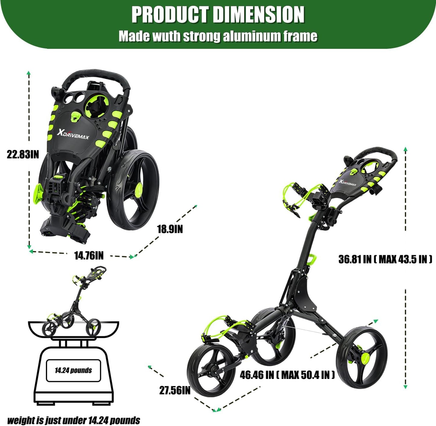 Golf Push Cart Series: 2-Wheel, 3-Wheel, 4-Wheel & 360° Swivel Front Wheel