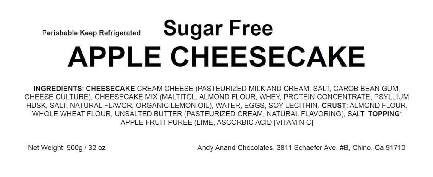 Andy Anand Sugar Free Apple Cheesecake 9" - Crafted with Real California Cream Cheese, Fresh and Natural Ingredients, Amazingly Delicious, Perfect for Diabetics & Dessert Lovers (2 lb)