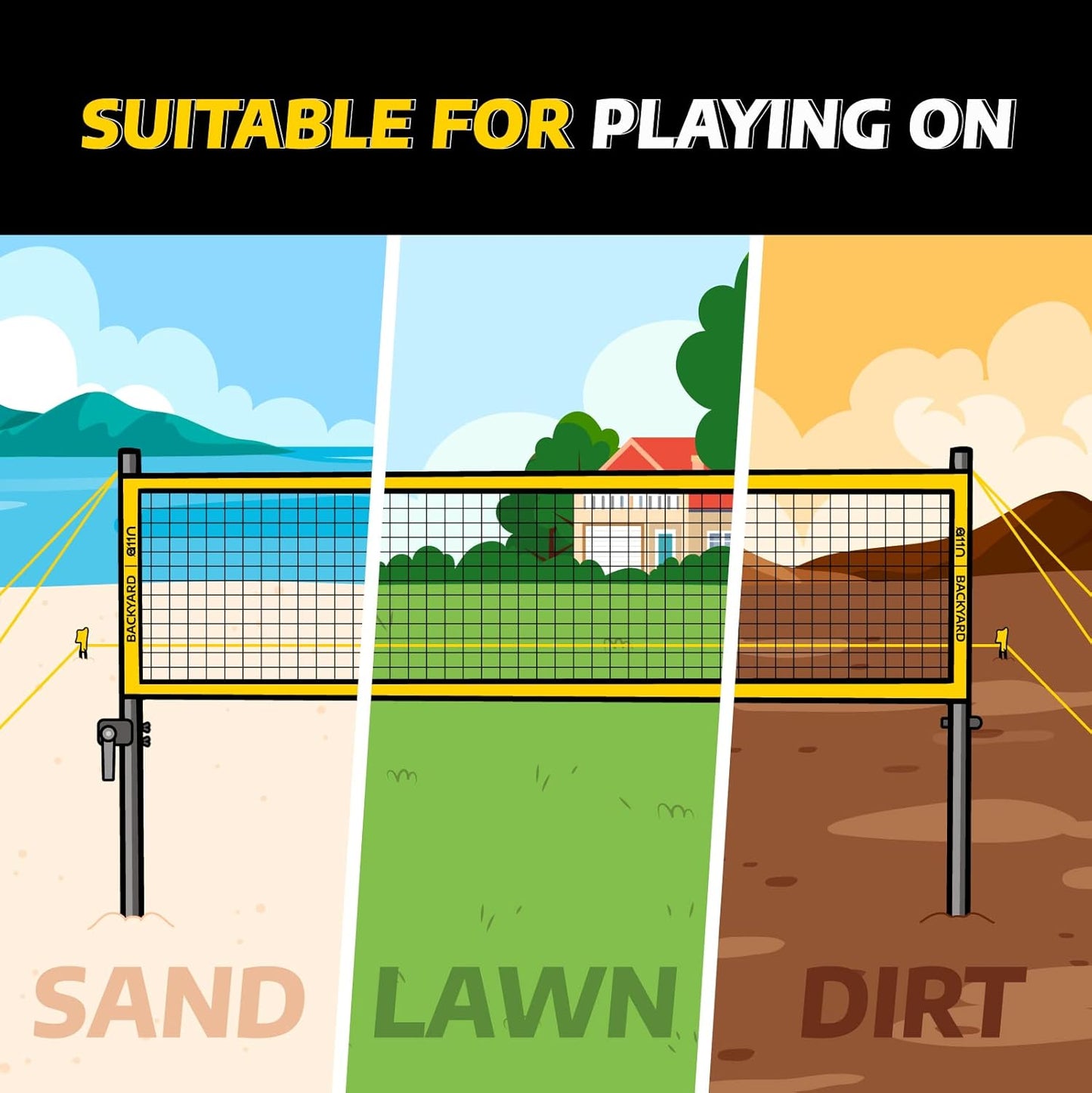 A11N Outdoor Volleyball and Badminton Combo Set - Includes Adjustable Height Anti-Sag Net, Volleyball, Air Pump, 4 Badminton Rackets, 2 Shuttlecocks, Boundary Line Marker, and Carrying Bag